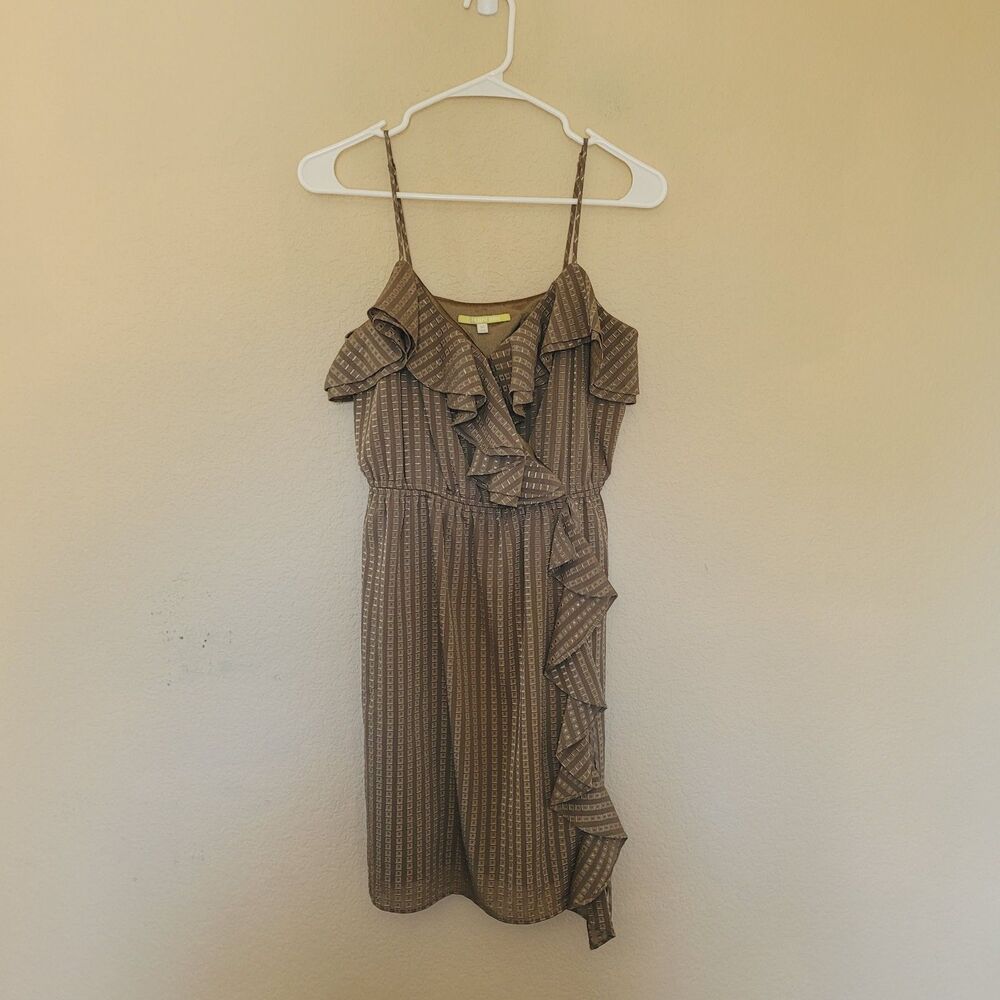 Gianni Bini Faux Wrap Cocktail Mini Dress Size Xs Brown Green Geometric Ruffle